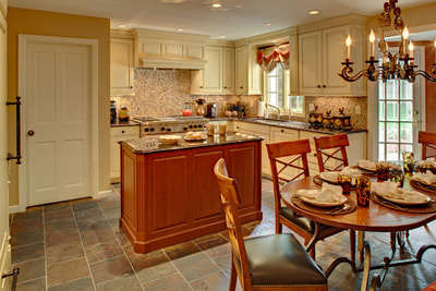 contrasting kitchen island stained wood with painted cabinetry