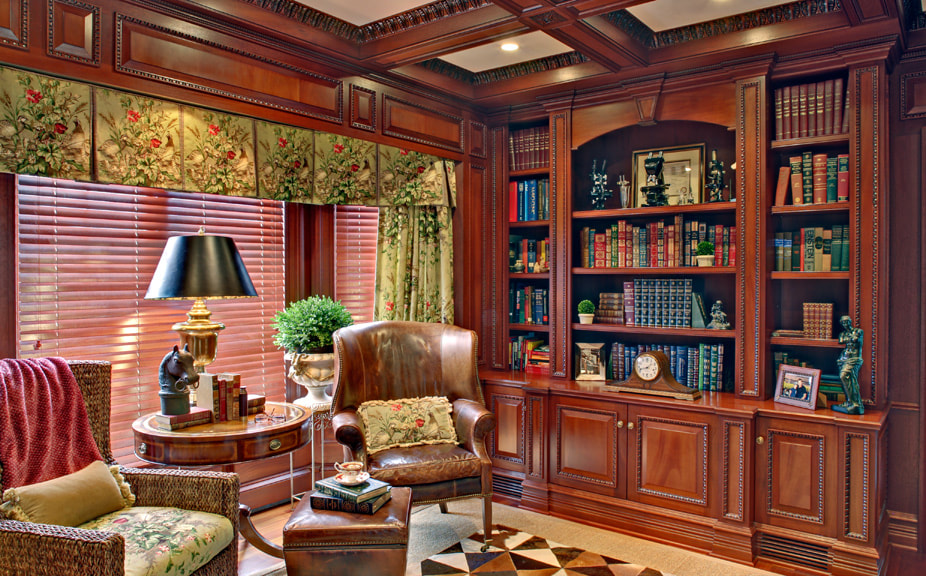 Custom home library build out of beautiful mahogany with custom moulding