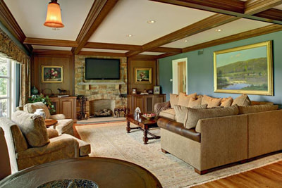 large living room with dark wood trim